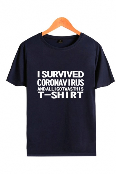Basic Mens Letter I Survived Coronavirus Printed Short Sleeve Round Neck Regular Fit T Shirt