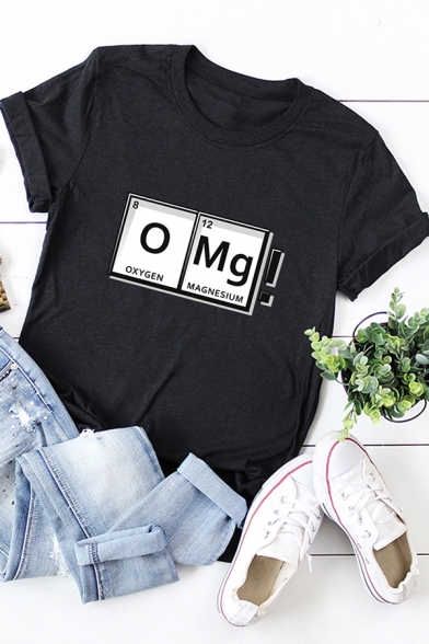 Basic Womens Letter Omg Print Rolled Short Sleeve Crew Neck Slim Fit T-shirt