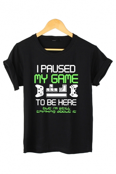 Casual Mens Letter I Paused My Game Graphic Rolled Short Sleeve Crew Neck Relaxed T-shirt