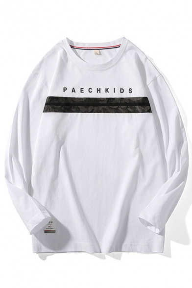Casual Mens Letter Paechkids Print Mesh Patched Long Sleeve Crew Neck Loose Fit T Shirt