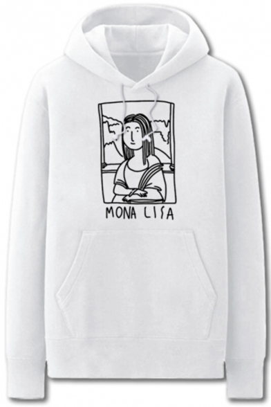 Chic Hand Painting Letter Mona Lisa Printed Pocket Drawstring Long Sleeve Regular Fit Graphic Hooded Sweatshirt for Men