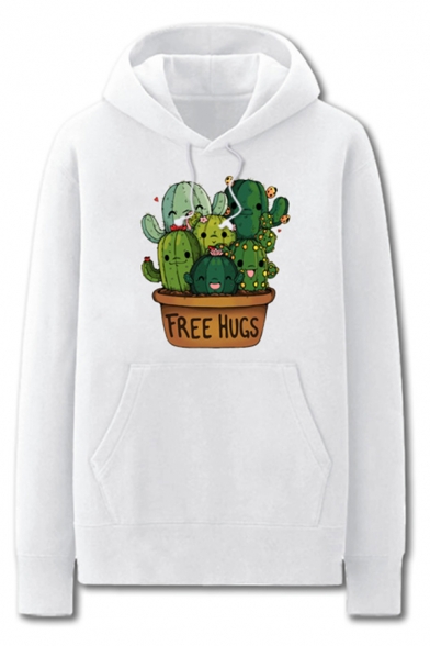 Chic Mens Cactus Letter Tree Hugs Printed Pocket Drawstring Long Sleeve Regular Fit Graphic Hooded Sweatshirt
