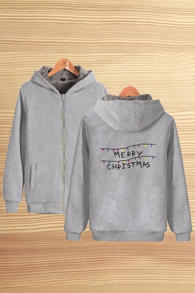 Chic Sherpa Lined Letter Merry Christmas Print Zip up Relaxed Fit Hoodie for Men