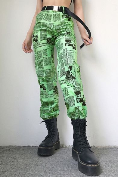 Chic Womens Newspaper Pattern High Waist Ankle Cuffed Carrot Fit Pants in Green