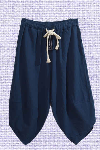 Chinese Style Linen and Cotton Drawstring Waist Oversize Capri Sarouel Trousers for Guys