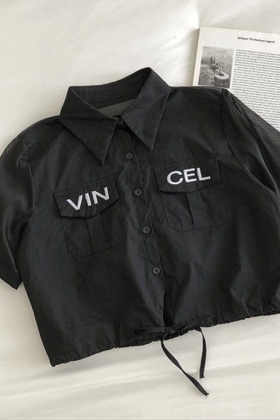 Cool Cargo Girls Letter Vin Cel Embroidery Print Flap Pockets Ruched Drawstring Patchwork Mesh Collar Short Sleeve Regular Fit Crop Blouse Top