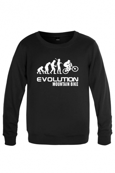 Creative Character Bike Letter Evolution Mountain Bike Printed Long Sleeve Round Neck Regular Fitted Graphic Pullover Sweatshirt for Men