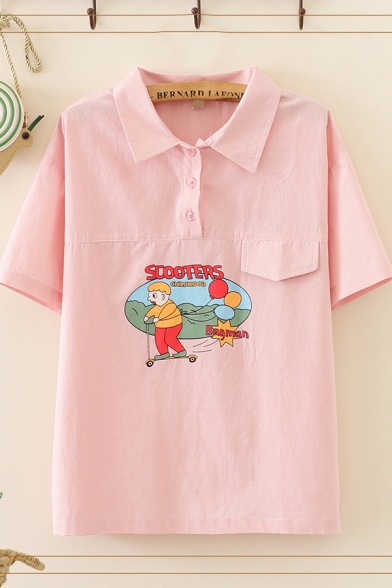 Cute Cartoon Boy Letter Scooters Childhood Bagman Print Short Sleeve Polo Collar Regular Fit Graphic Shirt for Women