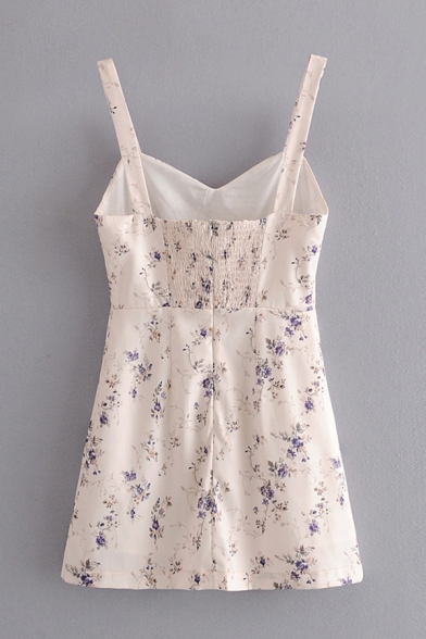 Cute Girls Allover Flower Print Sweetheart Neck Mini A-line Cami Dress in White