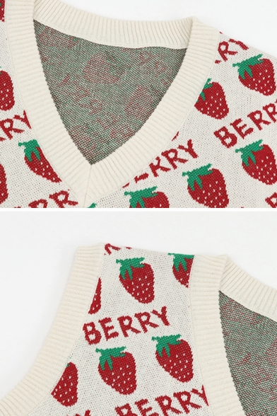 Cute Girls' Sleeveless V-Neck BERRY Letter Strawberry Pattern Baggy Purl Knit Pullover Sweater Vest in Beige