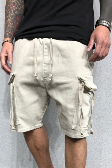 Dressy Mens Shorts Solid Color Ribbon Flap Pocket Drawstring Mid Rise Relaxed Fitted Cargo Shorts
