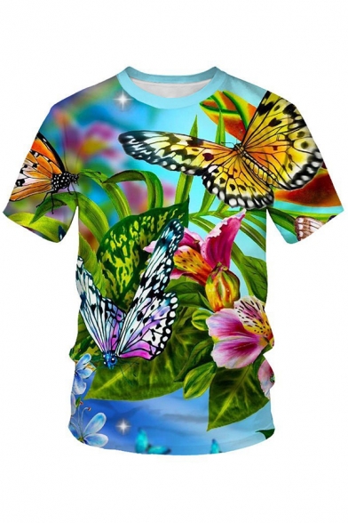 Fancy Butterfly Plant 3D Pattern Crew Neck Short Sleeve Fitted T-Shirt for Men