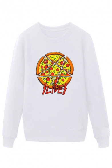 Fancy Mens Pizza Pattern Letter Slices Pullover Long Sleeve Round Neck Regular Fit Graphic Sweatshirt