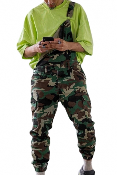 Fashionable Mens Overalls Camo Printed Flap Pocket Cuffed Ankle Length Regular Fitted Overalls