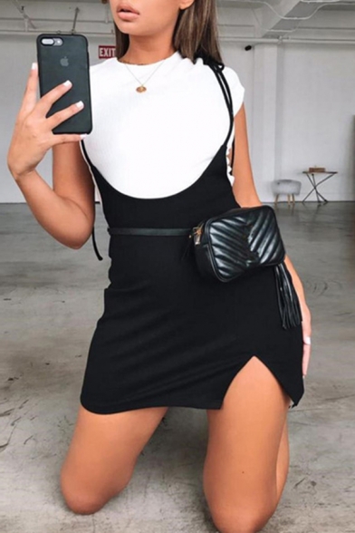 Girls Chic Black Bow Tied Shoulder Slit Side Mini Suspender Slip Dress with Knitted Tee