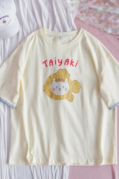 Hot Popular Letter Taiyaki Cartoon Fish Cat Printed Patchwork Crew Neck Short Sleeve Relaxed Fit Graphic Tee for Girls
