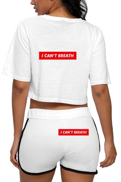 I Can't Breathe Letter Short Sleeve Round Neck Relaxed Crop Tee & Slim Fitted Shorts Trendy Co-ords for Women