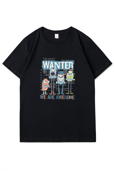 Letter Wanted Cartoon Graphic Short Sleeve Crew Neck Loose Fit Hip Hop Tee Top for Boys