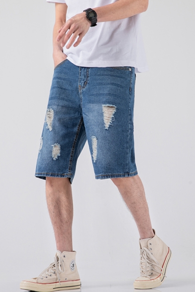 Men's Summer Fashion Vintage Washed Light Blue Zip-fly Ripped Denim Shorts (Pictures for Reference)