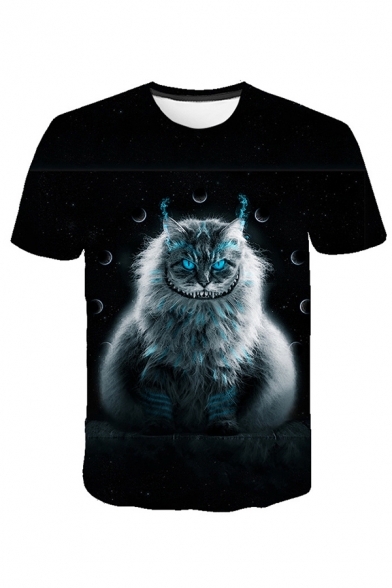 Mens Fashionable Cat Printed Round Neck Short Sleeves Fitted T-Shirt