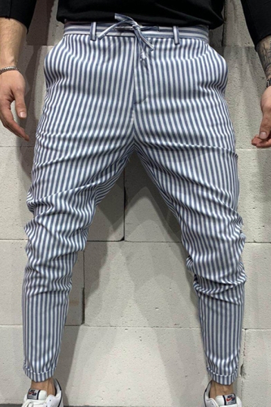 Mens Stylish Trousers Striped Pattern Drawstring Waist Pockets Ankle Length Tapered Fit Relaxed Trousers