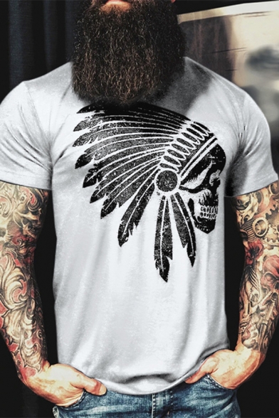 Mens Unique Tee Top Feather Cap Skull Pattern Crew Neck Short Sleeve Fitted Tee Top