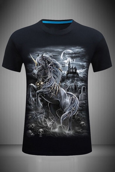 Novelty 3D Castle Horse Printed Slim Fitted Short Sleeve Crew Neck Tee Top for Men