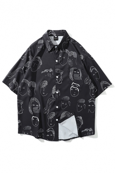 Popular Character Pattern Pocket Button up Point Collar Short Sleeve Relaxed Shirt for Men
