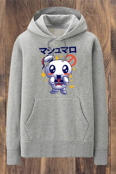 Popular Mens Cartoon Nose Mouth Pattern Japanese Letter Pocket Drawstring Long Sleeve Regular Fit Graphic Hooded Sweatshirt