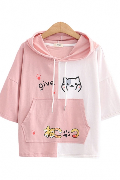 Preppy Girls Letter Give Dog Graphic Colorblock 3/4 Sleeve Drawstring Hooded Pouch Pocket Relaxed T Shirt