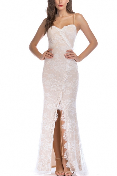 Sexy Womens Applique Spaghetti Straps Slit Front Maxi Fishtail Cami Dress in White