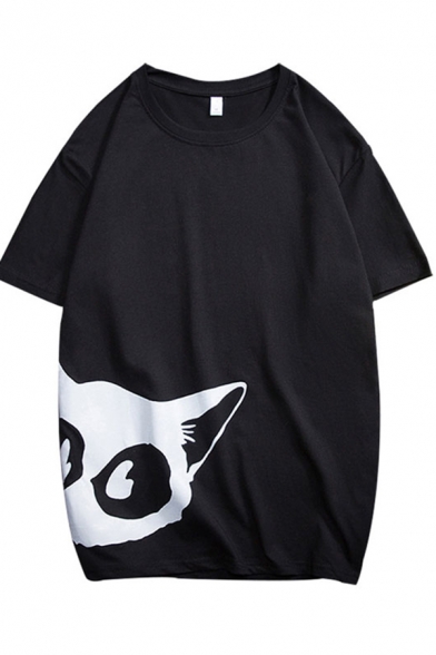 Simple Mens Cat Pattern Short Sleeve Round Neck Regular Fit T-Shirt