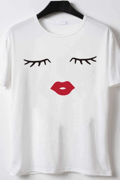 Simple Womens Cartoon Face Printed Short Sleeve Round Neck Relaxed Fit T Shirt in White