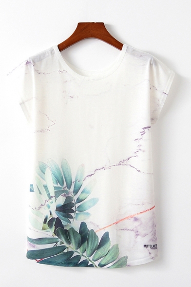 Simple Womens Flower Printed Short Sleeve Round Neck Relaxed Fitted T-shirt in White