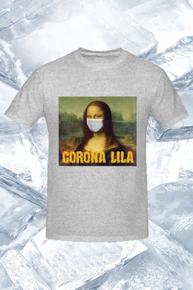 Spoof Letter Corona Lisa Graphic Short Sleeve Crew Neck Relaxed Tee Top for Women