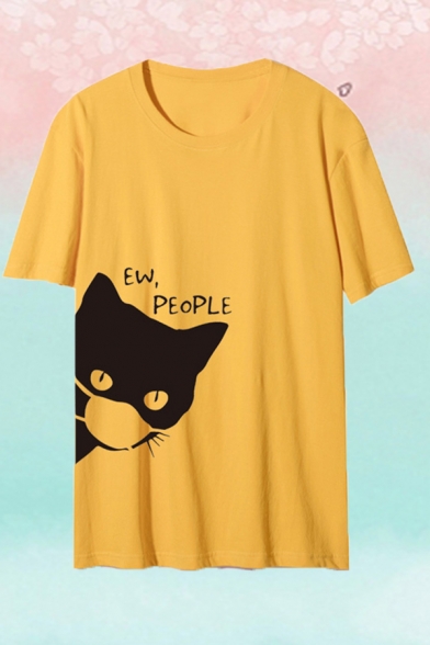 Street Boys Letter Ew People Cat Graphic Short Sleeve Round Neck Relaxed T-shirt