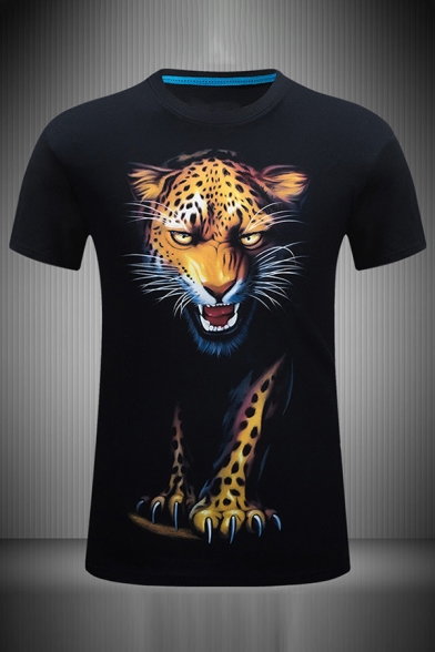 Stylish 3D Leopard Pattern Short Sleeve Round Neck Slim Fit Tee Top for Men