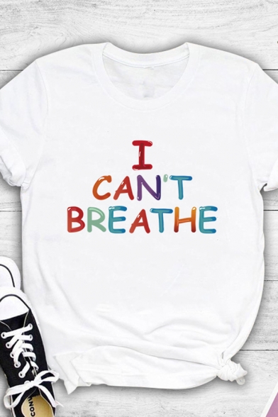 Stylish Ladies Letter I Can't Breathe Printed Roll up Sleeves Crew Neck Slim Fit T-shirt