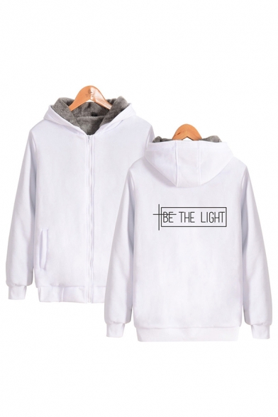 Stylish Mens Letter Be the Light Zipper up Pocket Long Sleeve Regular Fit Graphic Hooded Sweatshirt