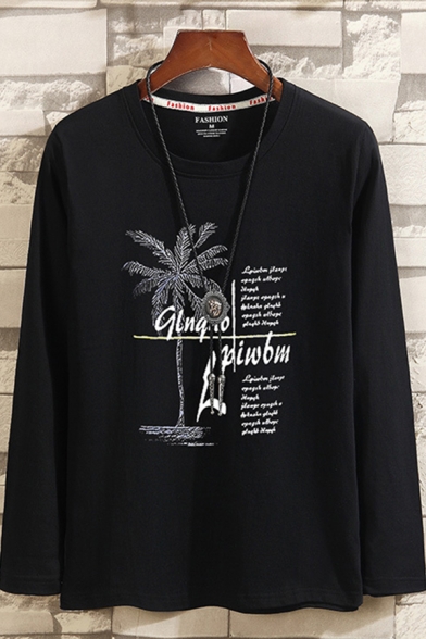 Stylish Mens T-Shirt Coconut Tree Letter Pattern Regular Fit Long Sleeve Round Neck Graphic T-Shirt