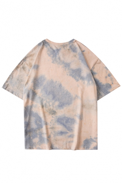 Stylish Mens Tie Dye Letter of Life Printed Short Sleeve Round Neck Loose Fitted T-Shirt
