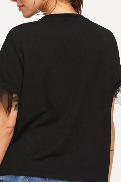 Stylish Womens Black Sheer Panel Short Sleeve Crew Neck Loose Fit T Shirt