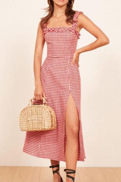 Stylish Womens Checkered Print Stringy Selvedge Straps High Cut Mid A-line Tank Dress in Red