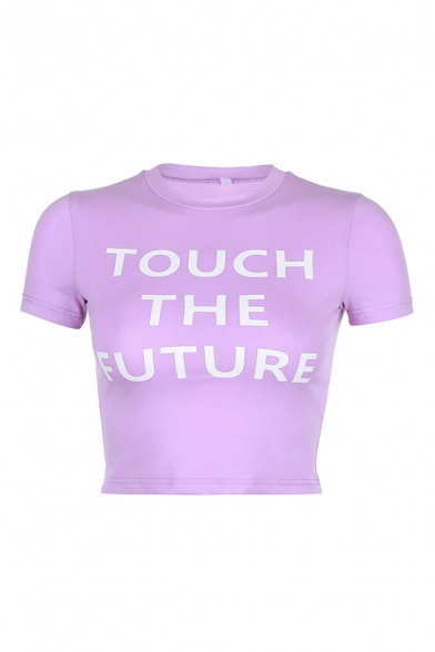 Stylish Womens Letter Touch The Future Print Short Sleeve Crew Neck Fitted Crop T Shirt in Purple