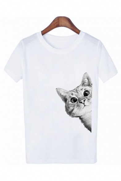 Summer Girls Cat Pattern Rolled Short Sleeve Crew Neck Relaxed T Shirt in White