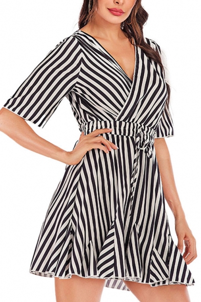 Trendy Stripe Printed Short Sleeve Surplice Neck Drawstring Waist Mini A-line Dress in Black