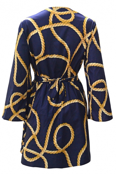 Unique Womens Rope Allover Print Long Sleeve V-neck Tied Waist Mini Pleated A-line Dress in Blue