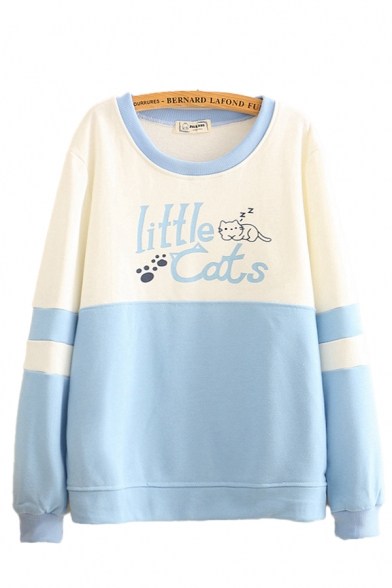 Womens Letter Little Cats Cartoon Graphic Colorblocked Long Sleeve Round Neck Relaxed Fancy Pullover Sweatshirt