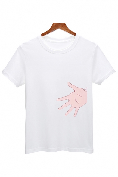 Basic Mens Cartoon Hand Printed Short Sleeve Round Neck Regular Fit T Shirt in White
