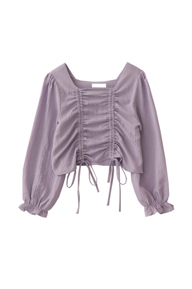 Boutique Girls Solid Color Double Ruched Drawstring Ruffle Trim Square Neck Long Puff Sleeve Slim Fit Crop Shirt